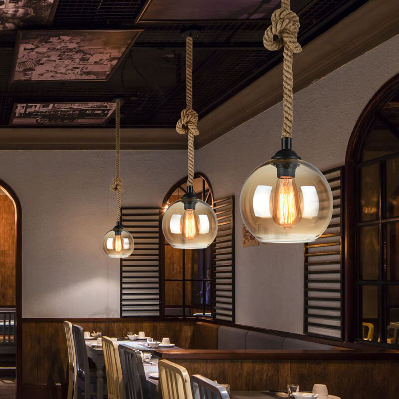 Glass Globe Rope Pendant Light Retro Hanging Design
