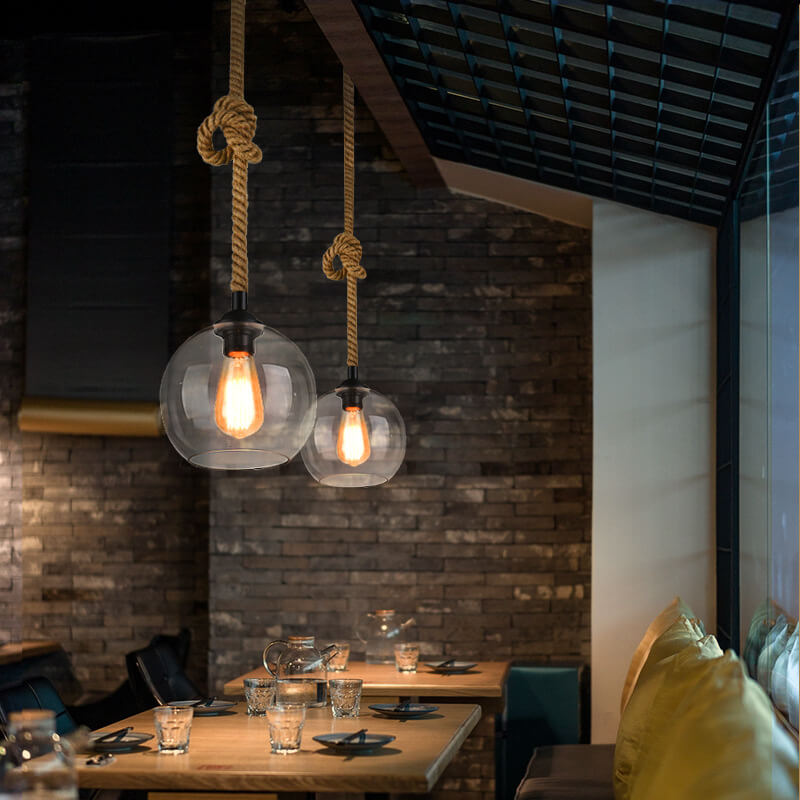 Glass Globe Rope Pendant Light Retro Hanging Design