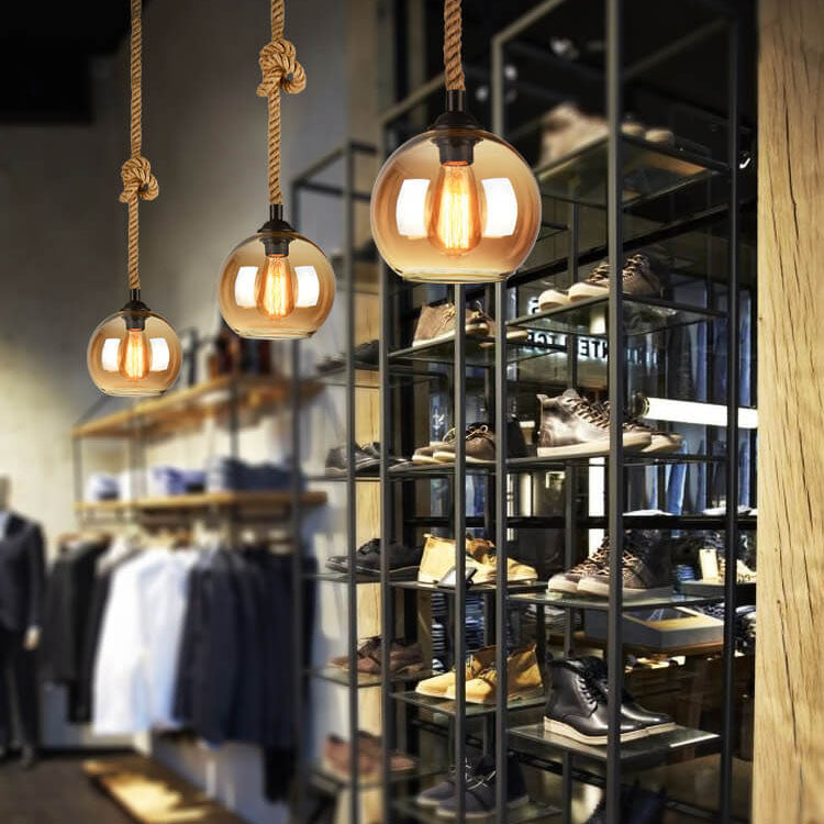 Glass Globe Rope Pendant Light Retro Hanging Design