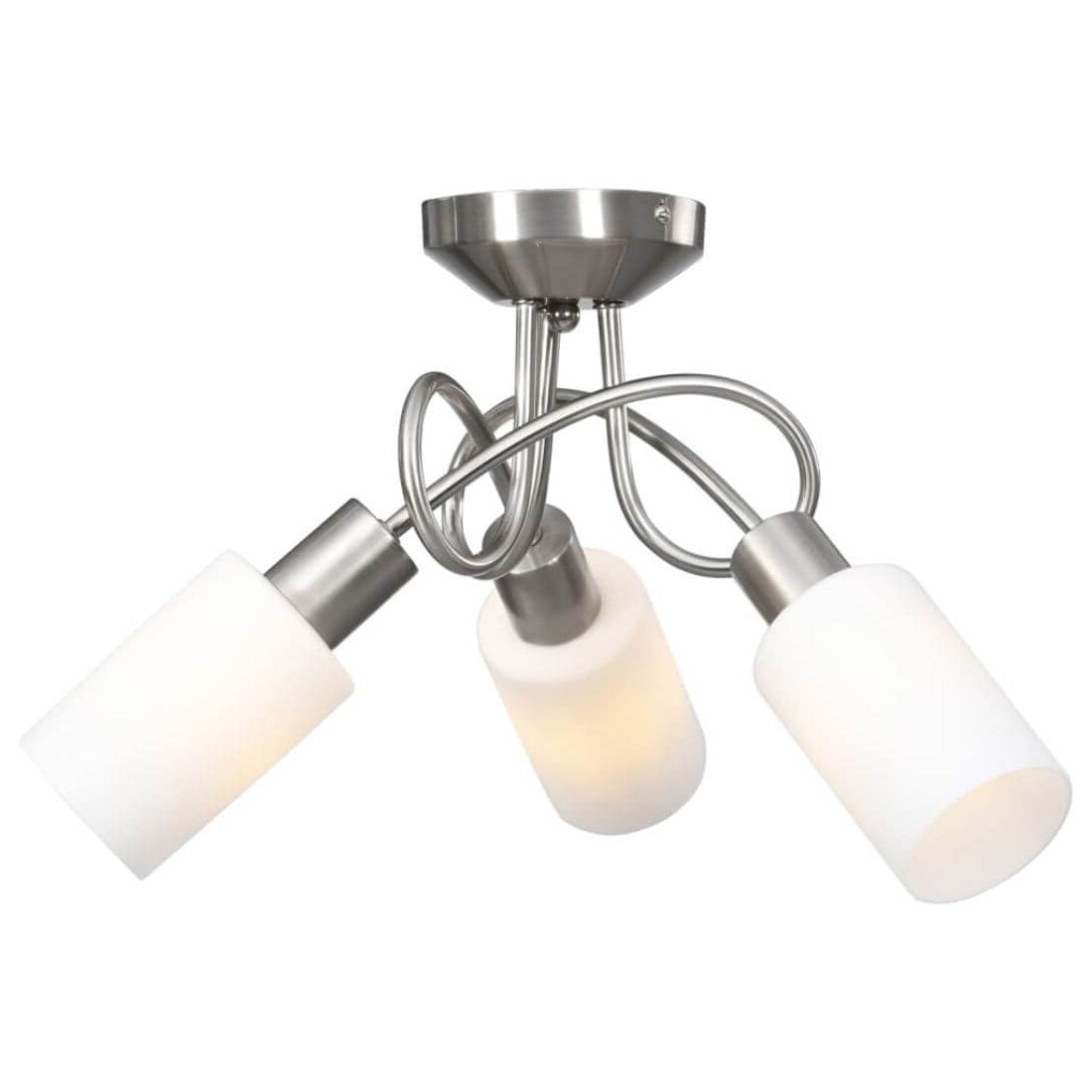 Ceiling light fixture with three white lampshades on a white background