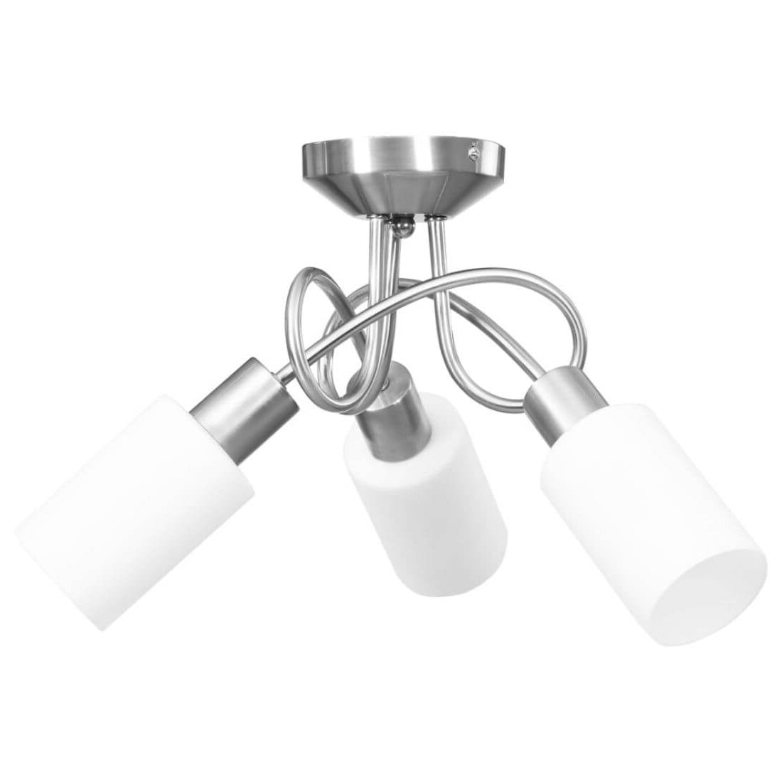 Ceiling light fixture with three white lampshades and silver metal fixtures on a white background