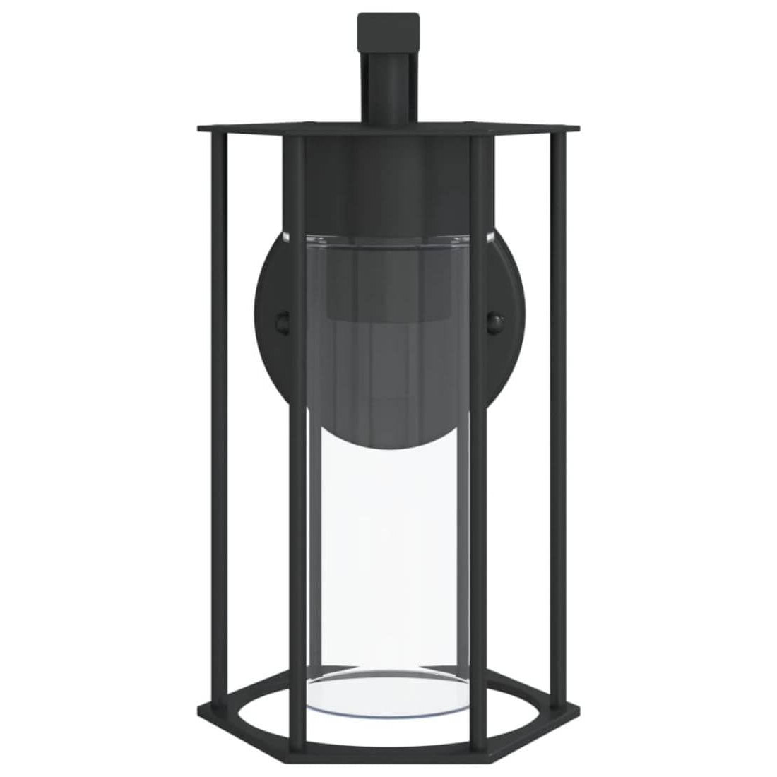 Black outdoor wall light fixture with clear glass cover on a white background