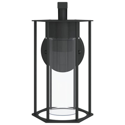 Black outdoor wall light fixture with clear glass cover on a white background