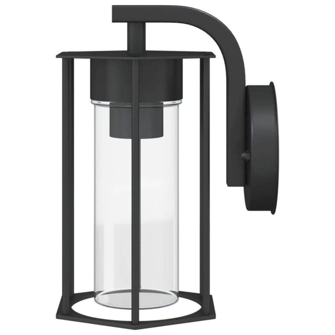 Black outdoor wall light fixture with clear glass shade on a white background