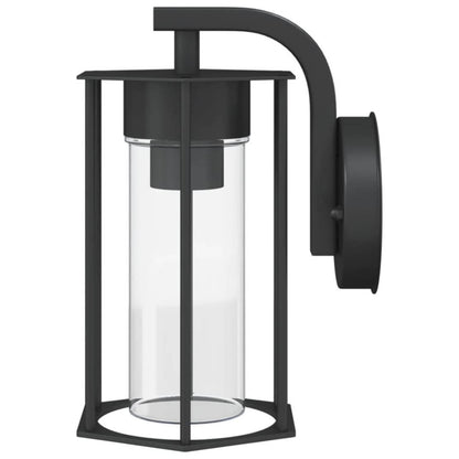 Black outdoor wall light fixture with clear glass shade on a white background